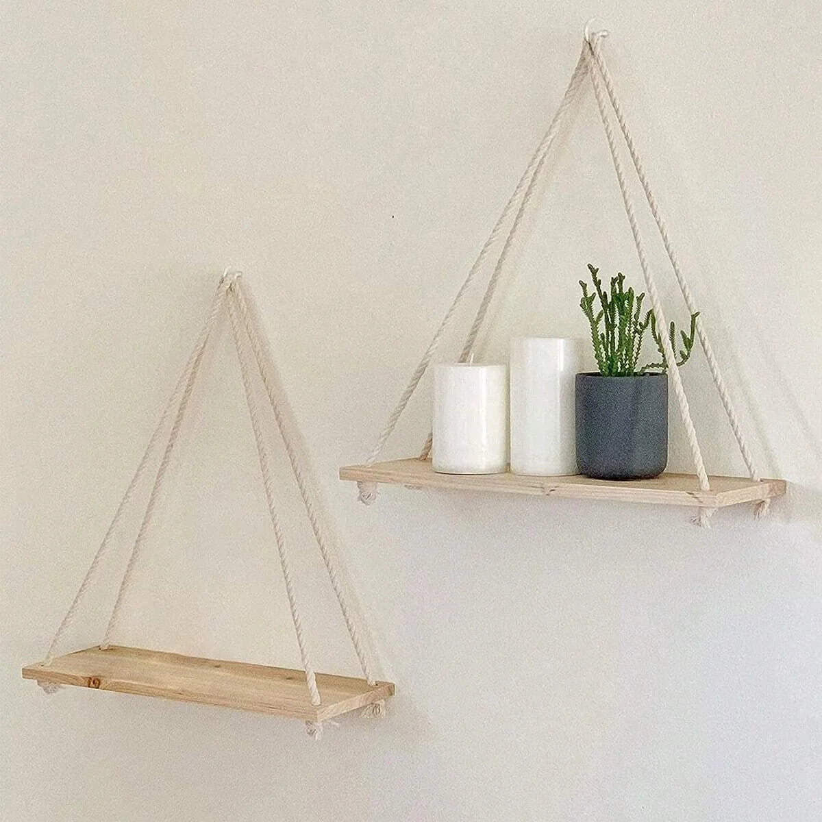 Boho Rustic Hanging Wood Shelf with Rope
