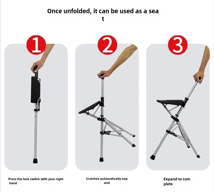 2-In-1 Portable Folding Cane Chair For Outdoors Quick Fold Three-Leg Seat