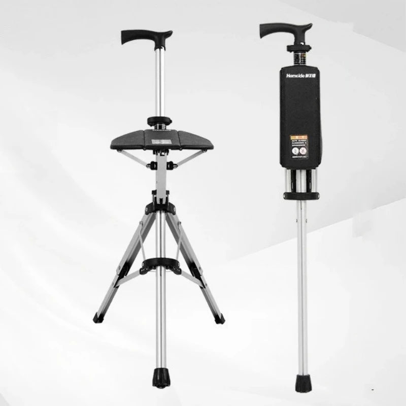 2-In-1 Portable Folding Cane Chair For Outdoors Quick Fold Three-Leg Seat