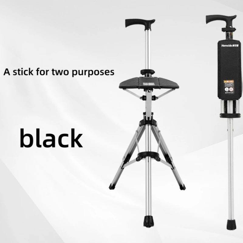 2-In-1 Portable Folding Cane Chair For Outdoors Quick Fold Three-Leg Seat