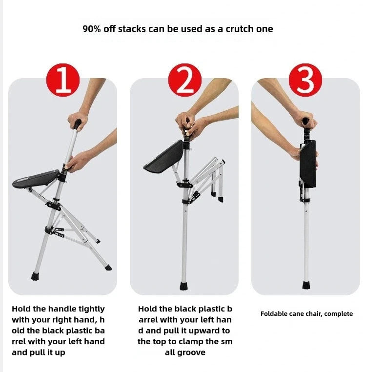 2-In-1 Portable Folding Cane Chair For Outdoors Quick Fold Three-Leg Seat