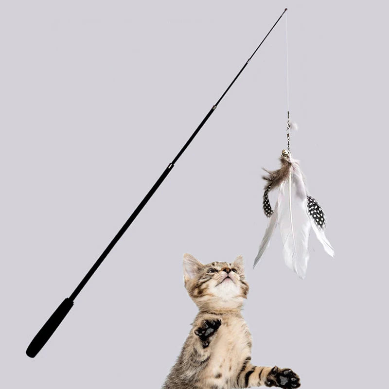 Telescopic Cat Wand Toy With Feather Attachments Durable Boredom Relief