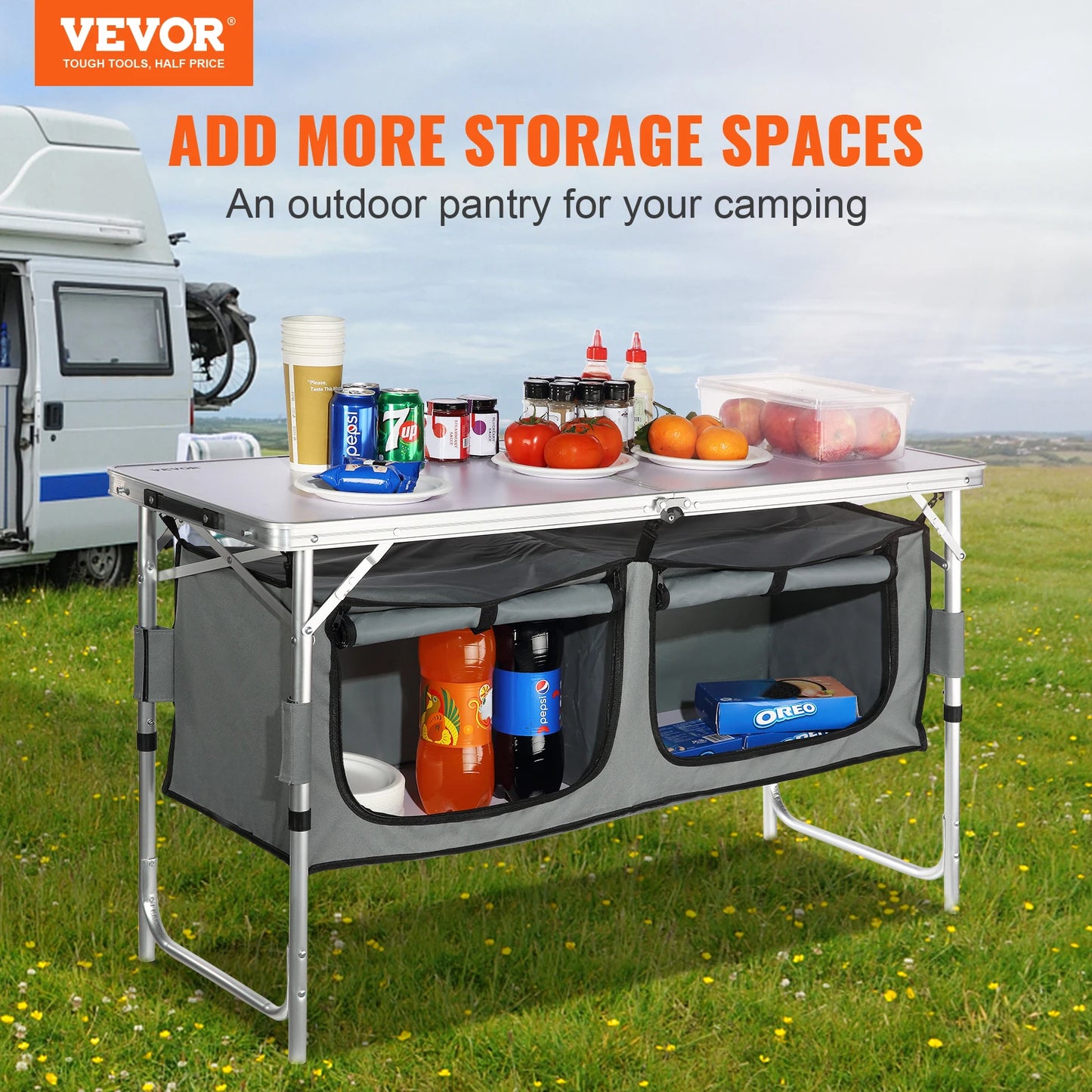 Portable Folding Camping Kitchen Table with Storage Organizer & Adjustable Height