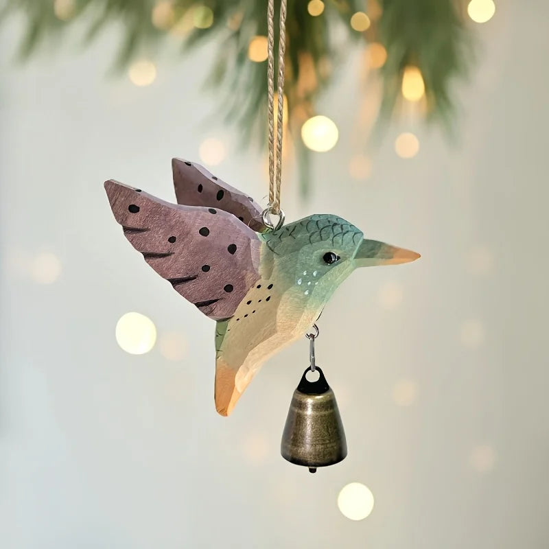 Hand Carved Solid Wood Hummingbird Wind Chime Pendant For Nature Lovers