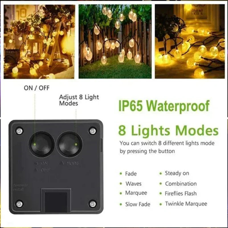 Solar String Lights Outdoor Crystal Fairy Lights 8 Modes Waterproof Patio