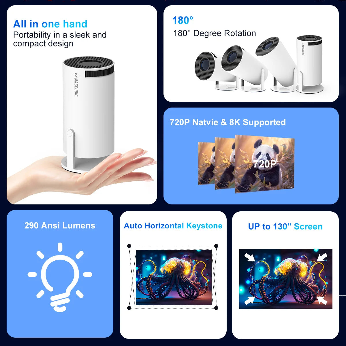Portable 8K Home Theater Projector with Android 14 & WiFi 6