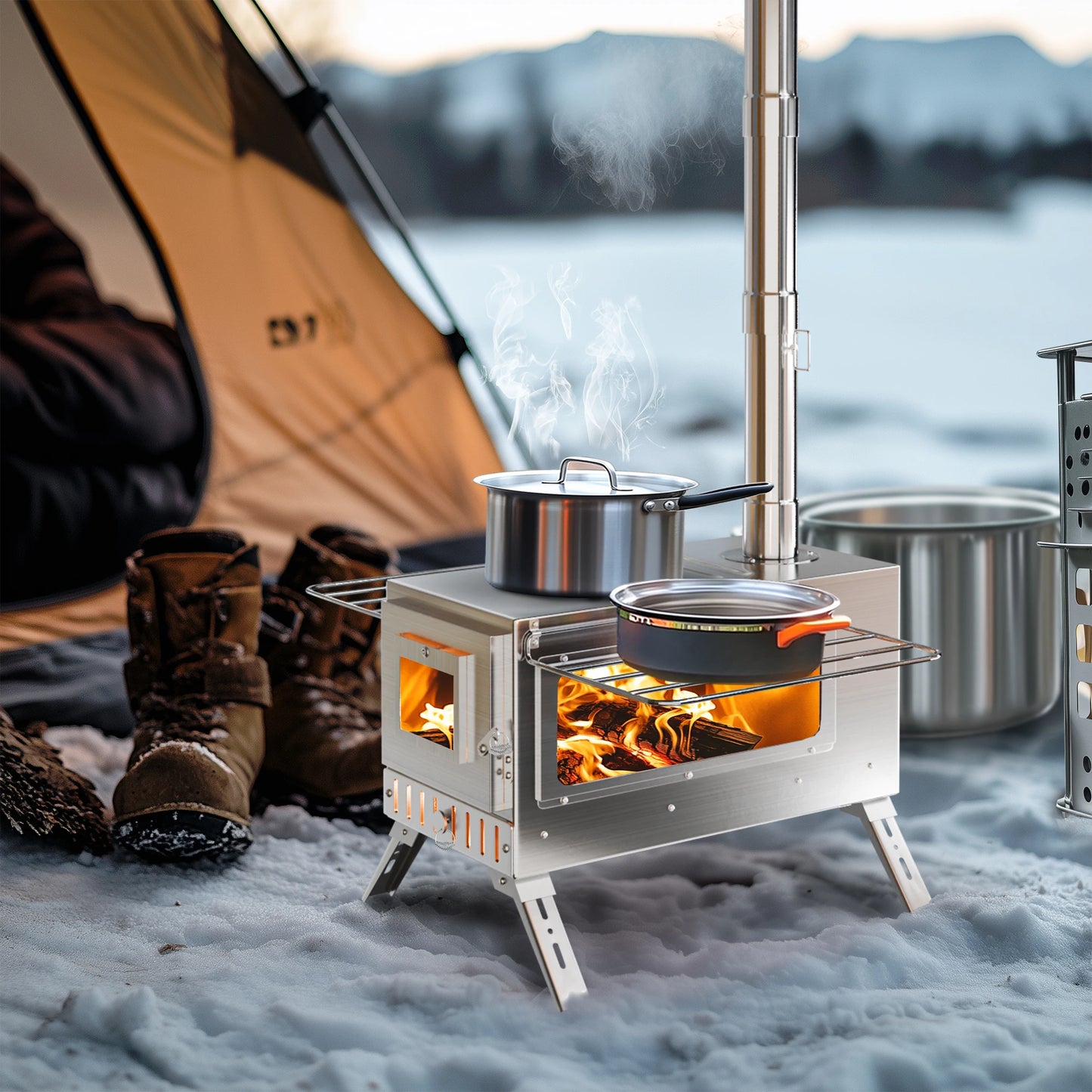 Portable Camping Wood Stove Stainless Steel Outdoor Heating For Campers 7 Pipes