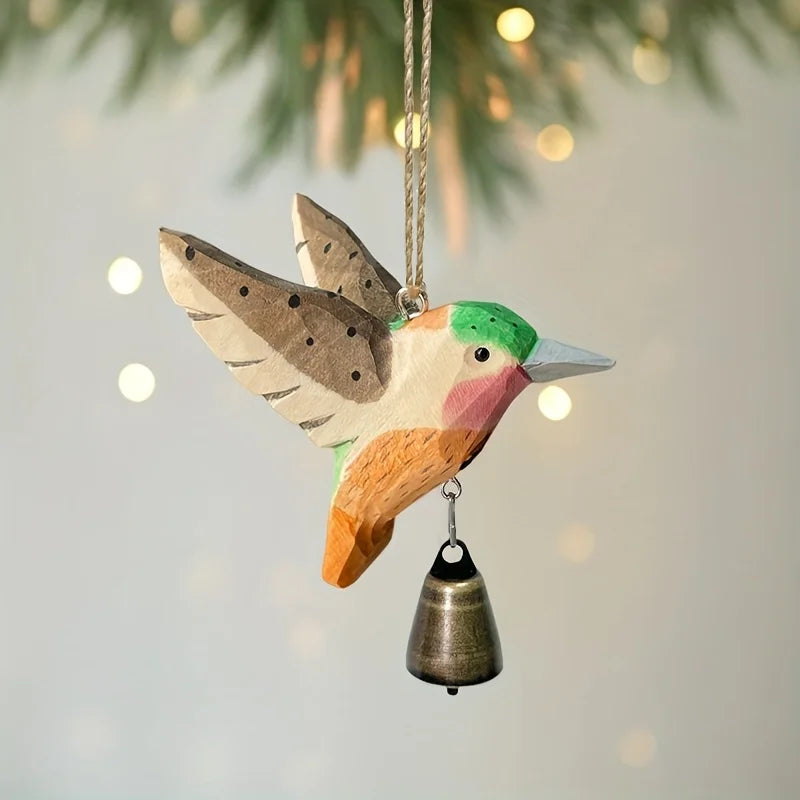 Hand Carved Solid Wood Hummingbird Wind Chime Pendant For Nature Lovers