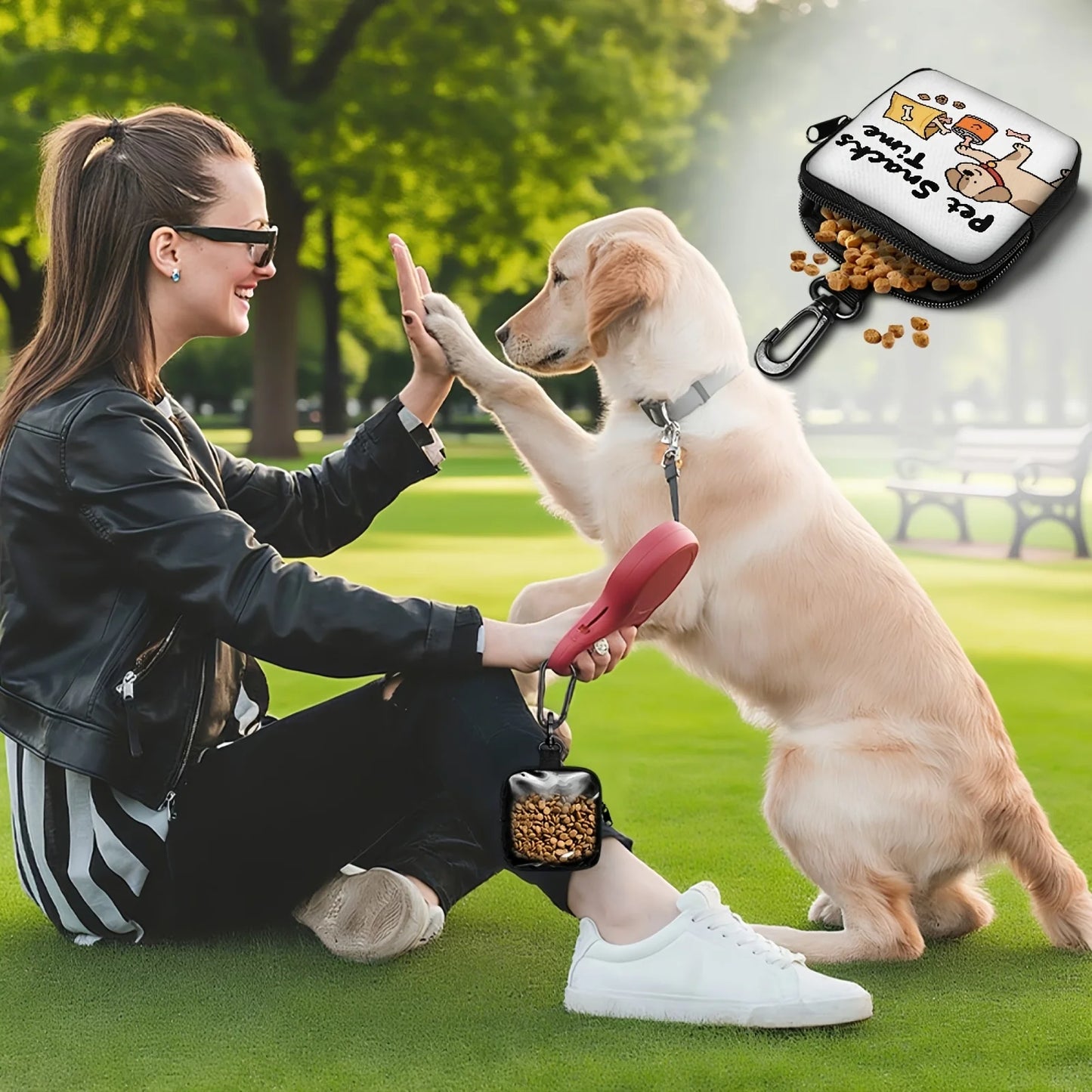 Dog Print Treat Bag With Hook And Zipper For Training Set