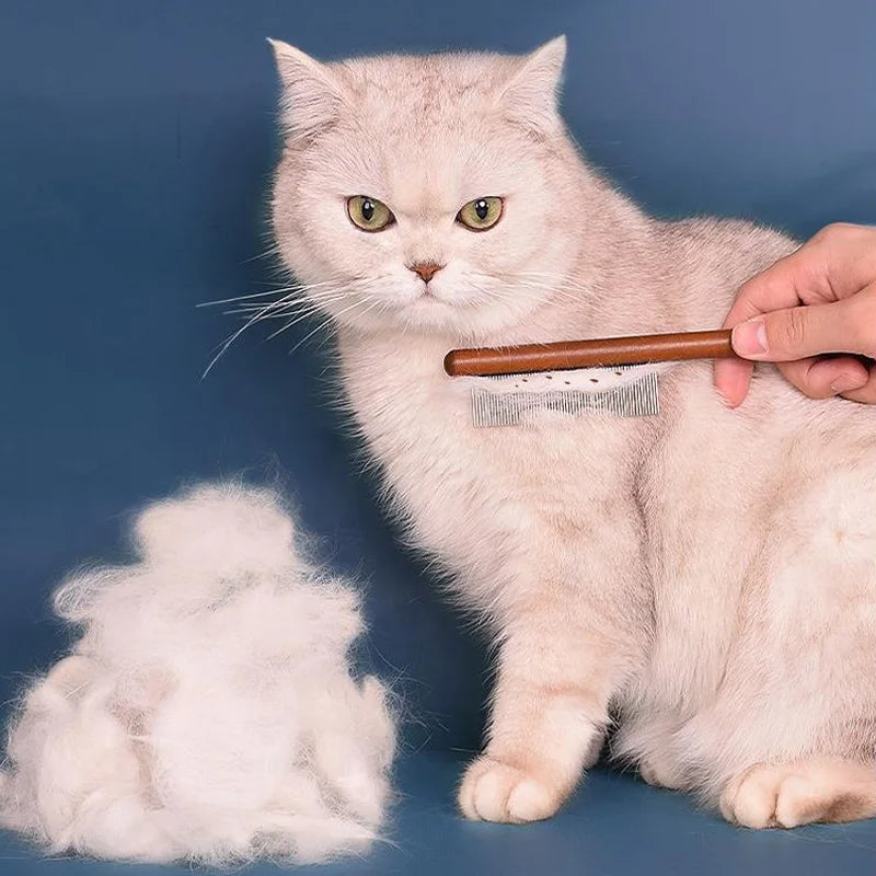 Stainless Steel Cat Comb With Wooden Handle For Grooming And Hair Removal