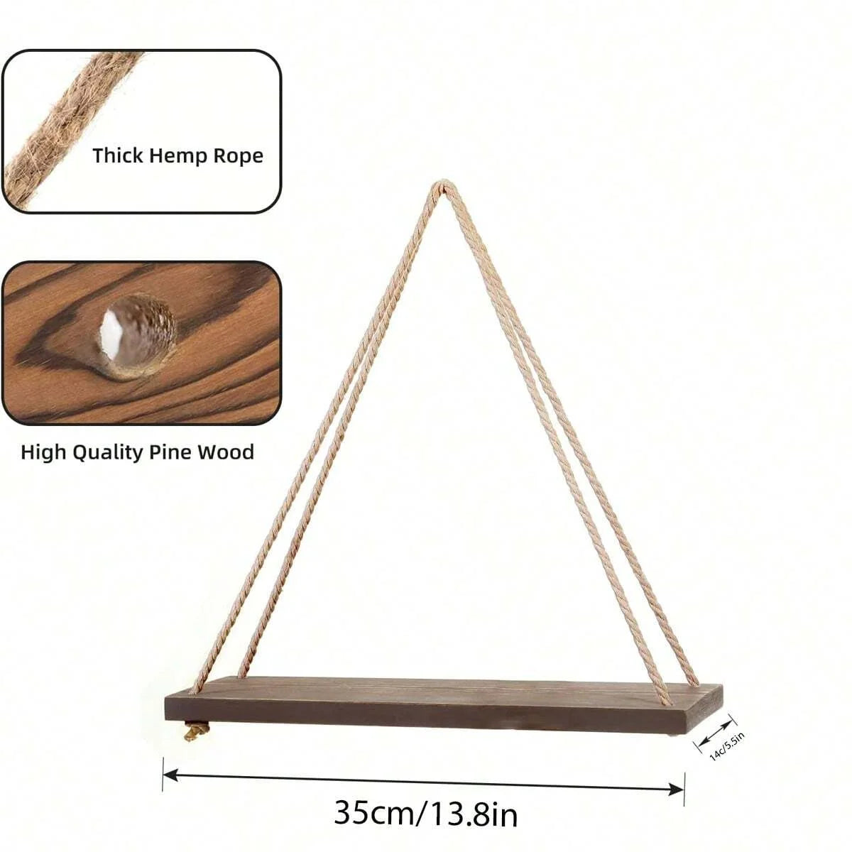 Boho Rustic Hanging Wood Shelf with Rope