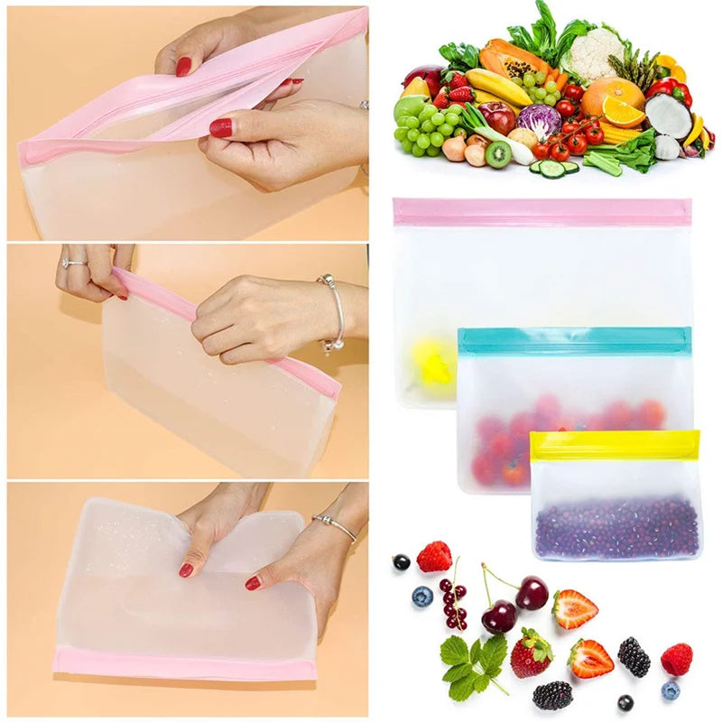 Reusable PEVA Food Storage Bag Leakproof Freezer Safe Stand Up For Fresh Produce