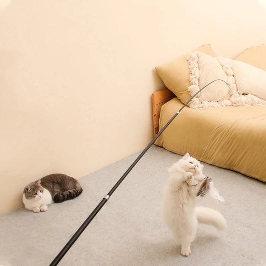 Telescopic Cat Wand Toy With Feather Attachments Durable Boredom Relief