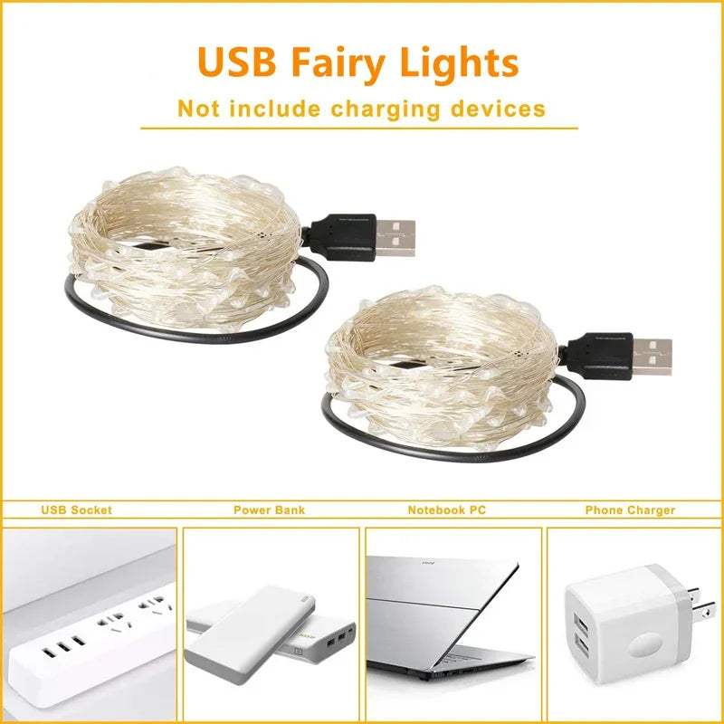 USB Led Fairy Lights Copper Wire 20M 200LED Outdoor String For Christmas Decor