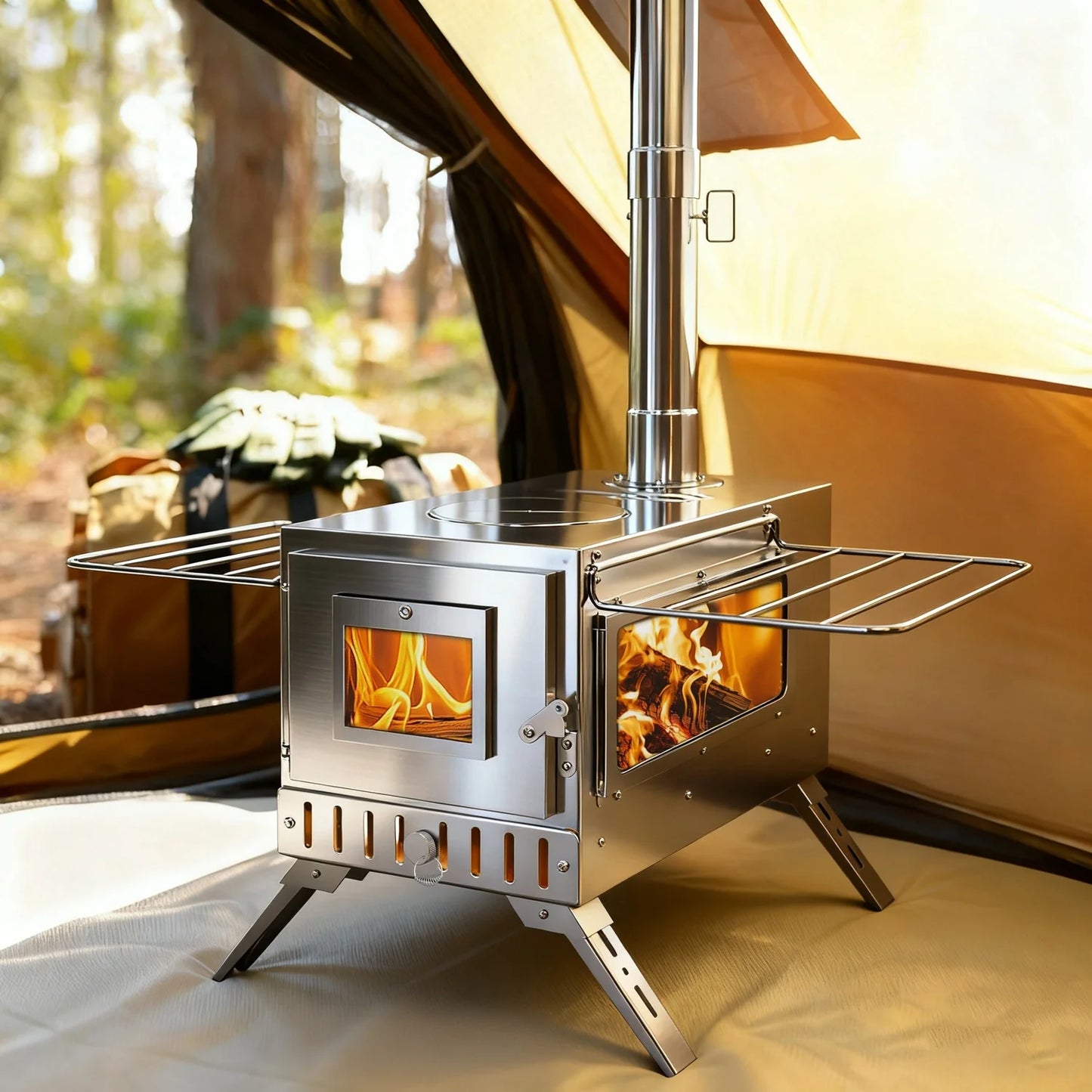Portable Camping Wood Stove Stainless Steel Outdoor Heating For Campers 7 Pipes