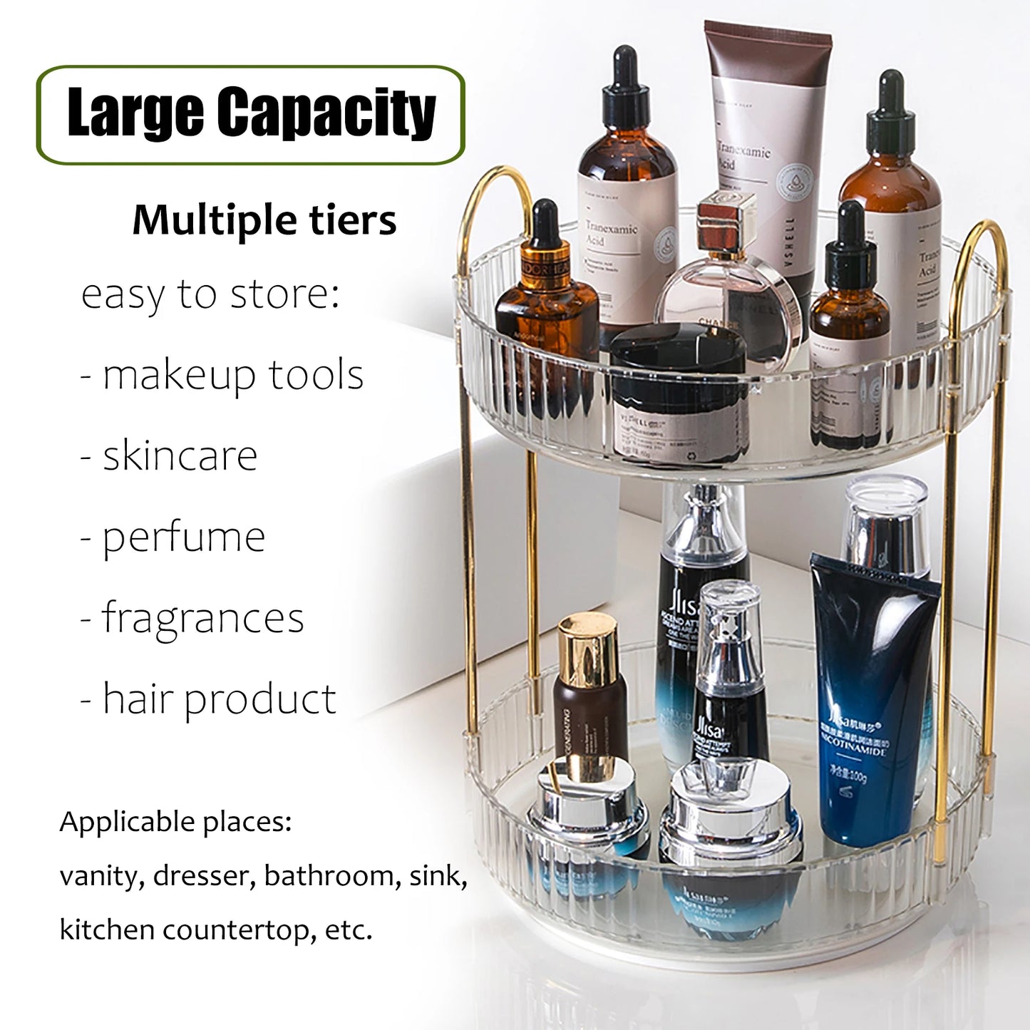 360° Rotating Makeup Organizer with Adjustable Storage