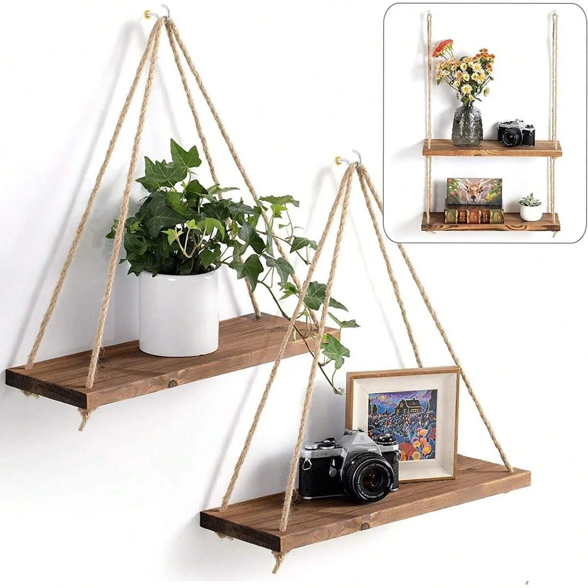 Boho Rustic Hanging Wood Shelf with Rope