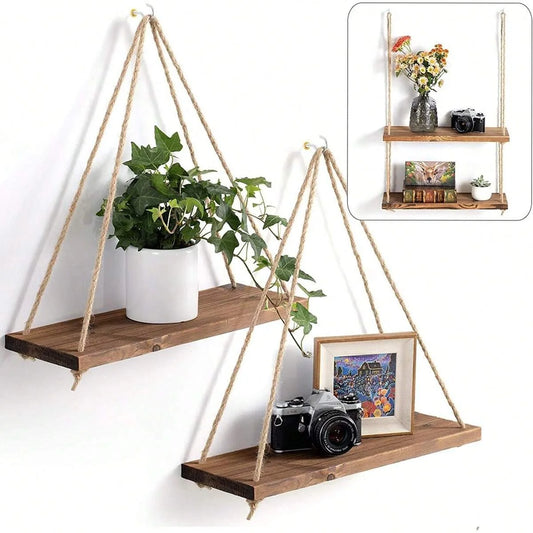 Boho Rustic Hanging Wood Shelf with Rope