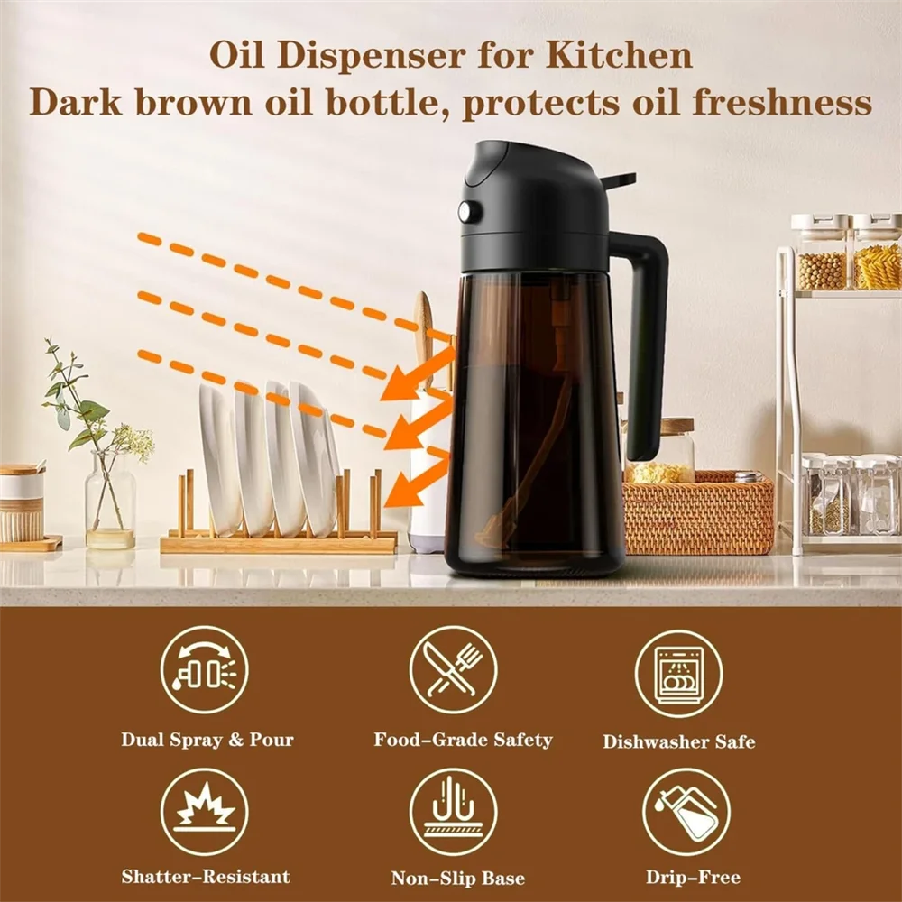 2 In 1 Glass Oil Sprayer Dispenser Leakproof 16oz For Home Cooks