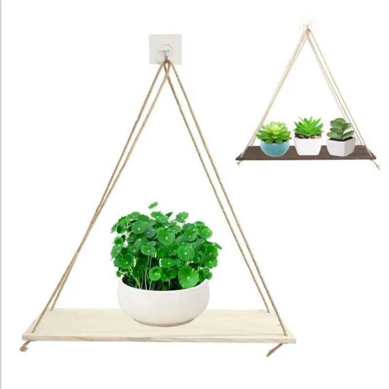 Boho Rustic Hanging Wood Shelf with Rope