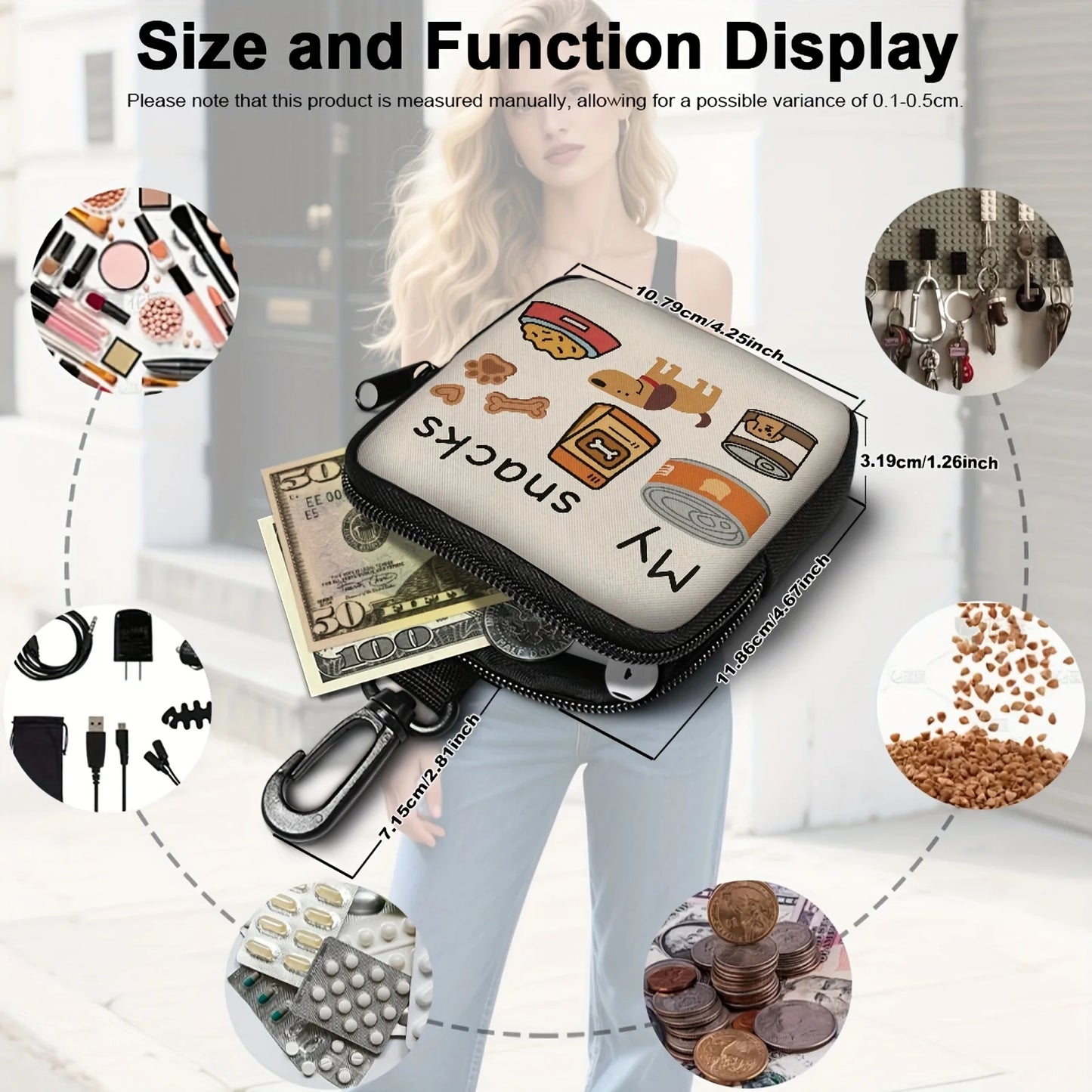 Dog Print Treat Bag With Hook And Zipper For Training Set