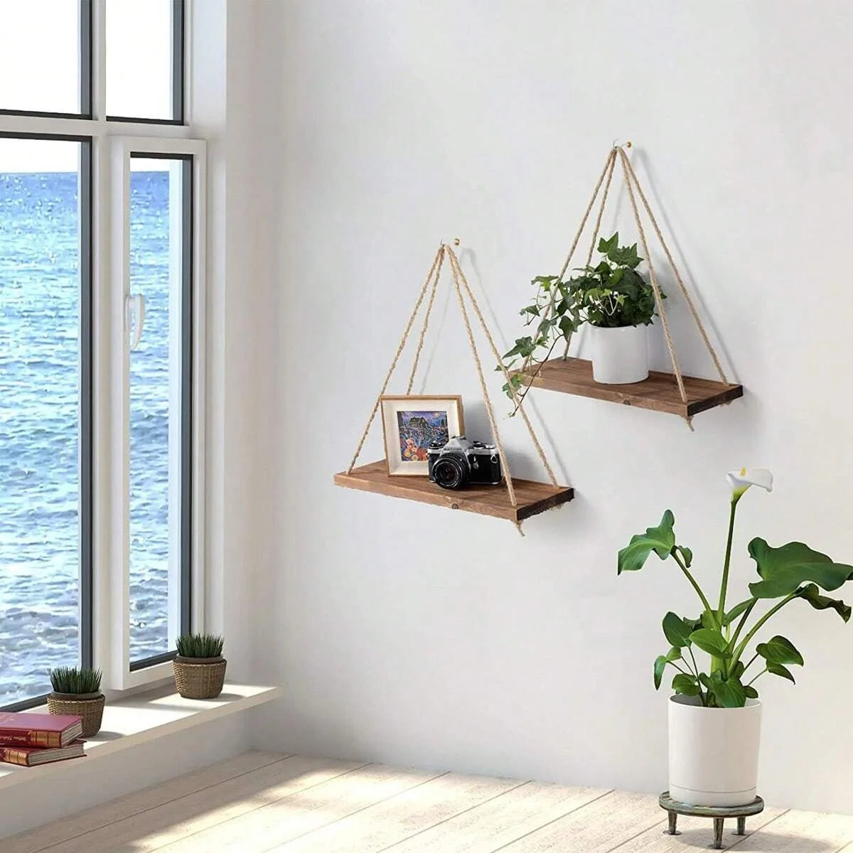 Boho Rustic Hanging Wood Shelf with Rope