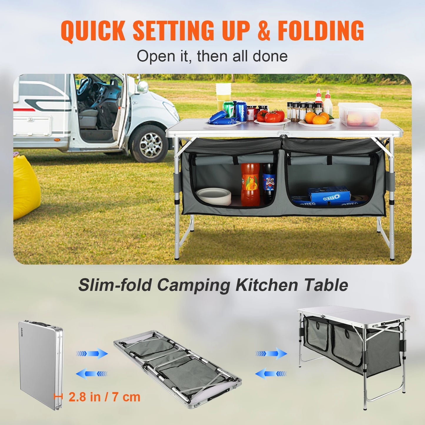 Portable Folding Camping Kitchen Table with Storage Organizer & Adjustable Height
