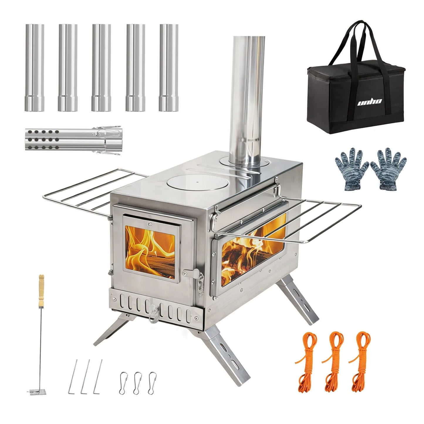 Portable Camping Wood Stove Stainless Steel Outdoor Heating For Campers 7 Pipes