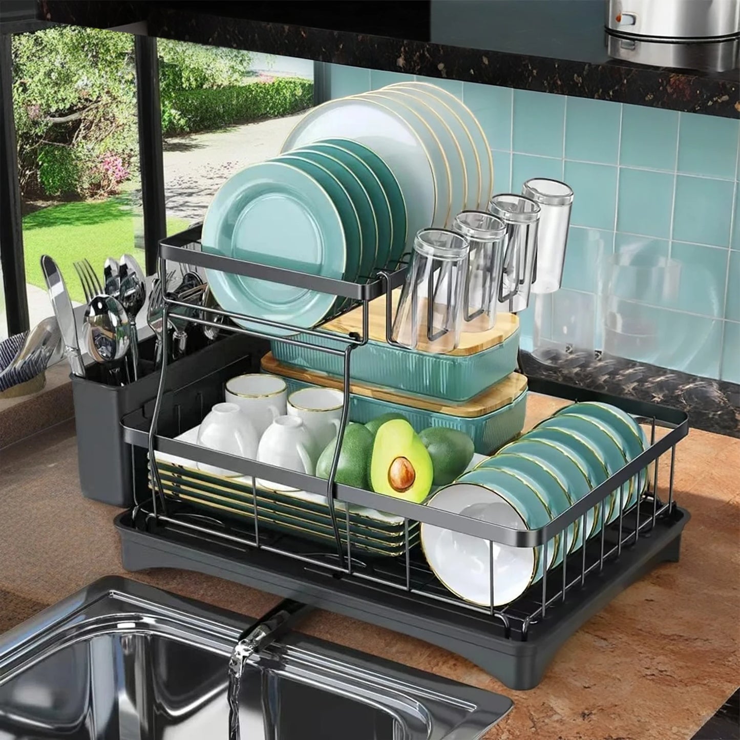 Dish Drying Rack Two Tier Removable Large Capacity For Home Kitchens