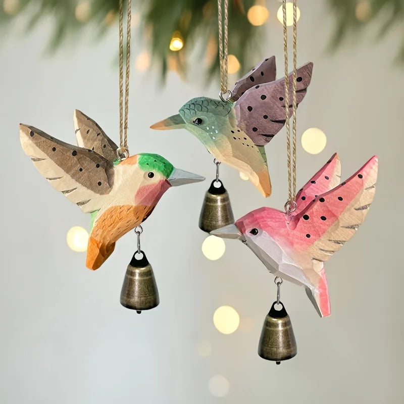 Hand Carved Solid Wood Hummingbird Wind Chime Pendant For Nature Lovers