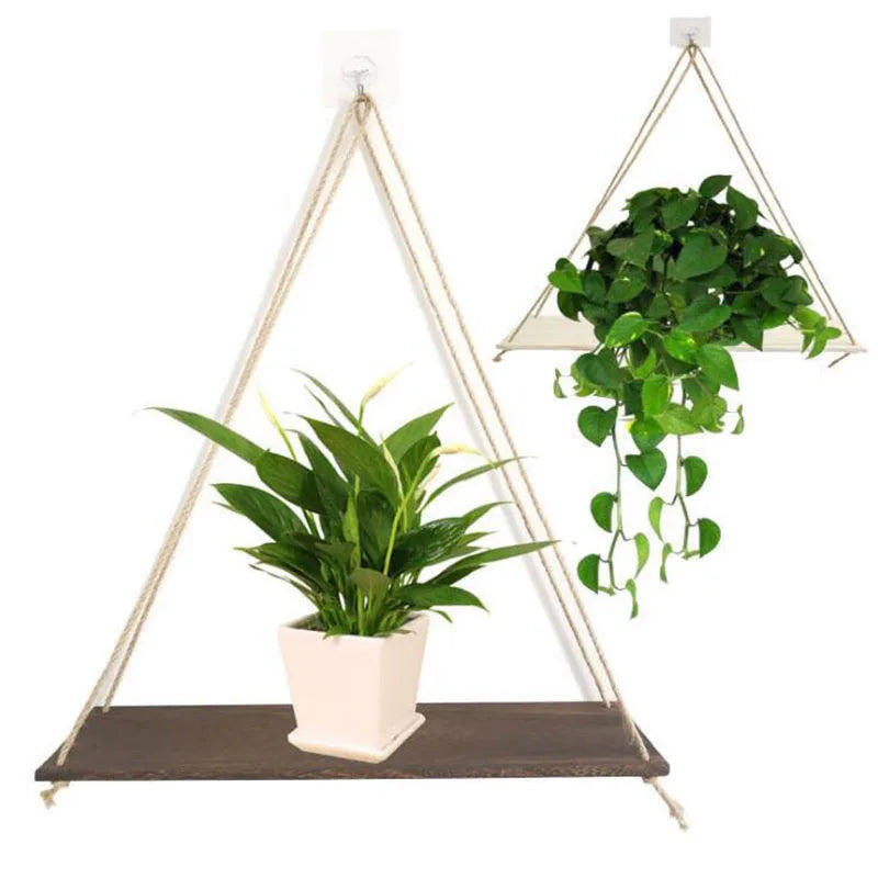 Boho Rustic Hanging Wood Shelf with Rope