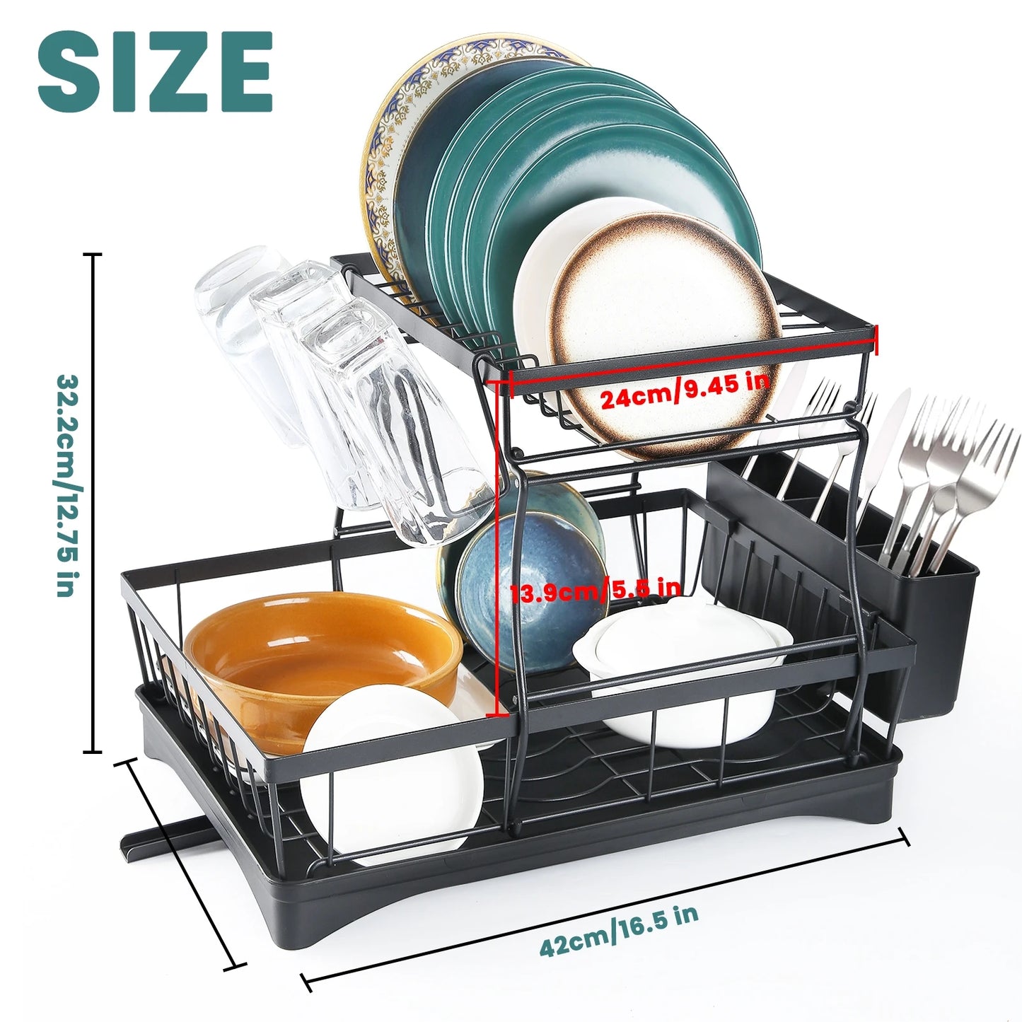 Dish Drying Rack Two Tier Removable Large Capacity For Home Kitchens