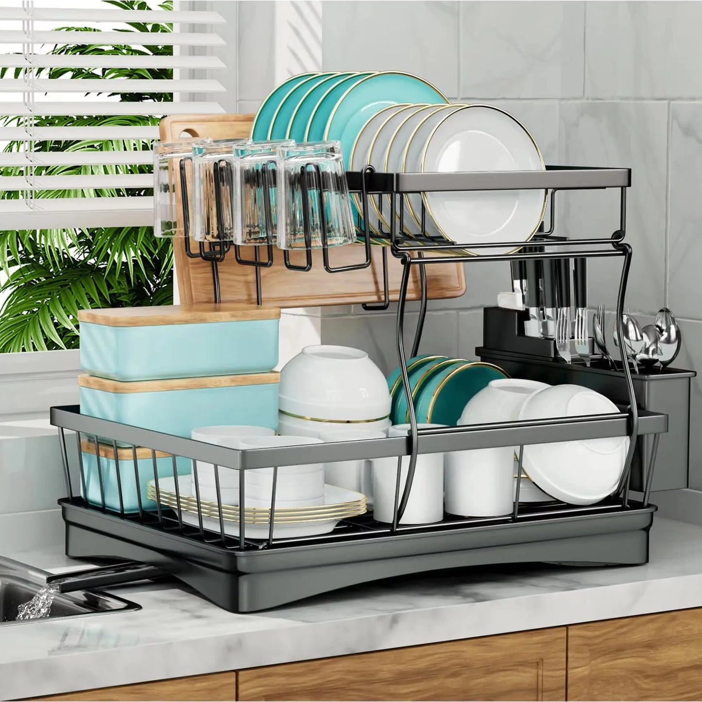 Dish Drying Rack Two Tier Removable Large Capacity For Home Kitchens
