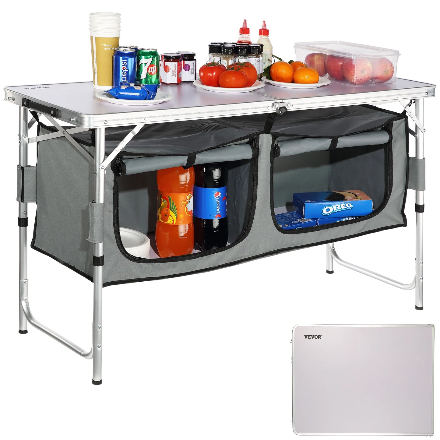 Portable Folding Camping Kitchen Table with Storage Organizer & Adjustable Height