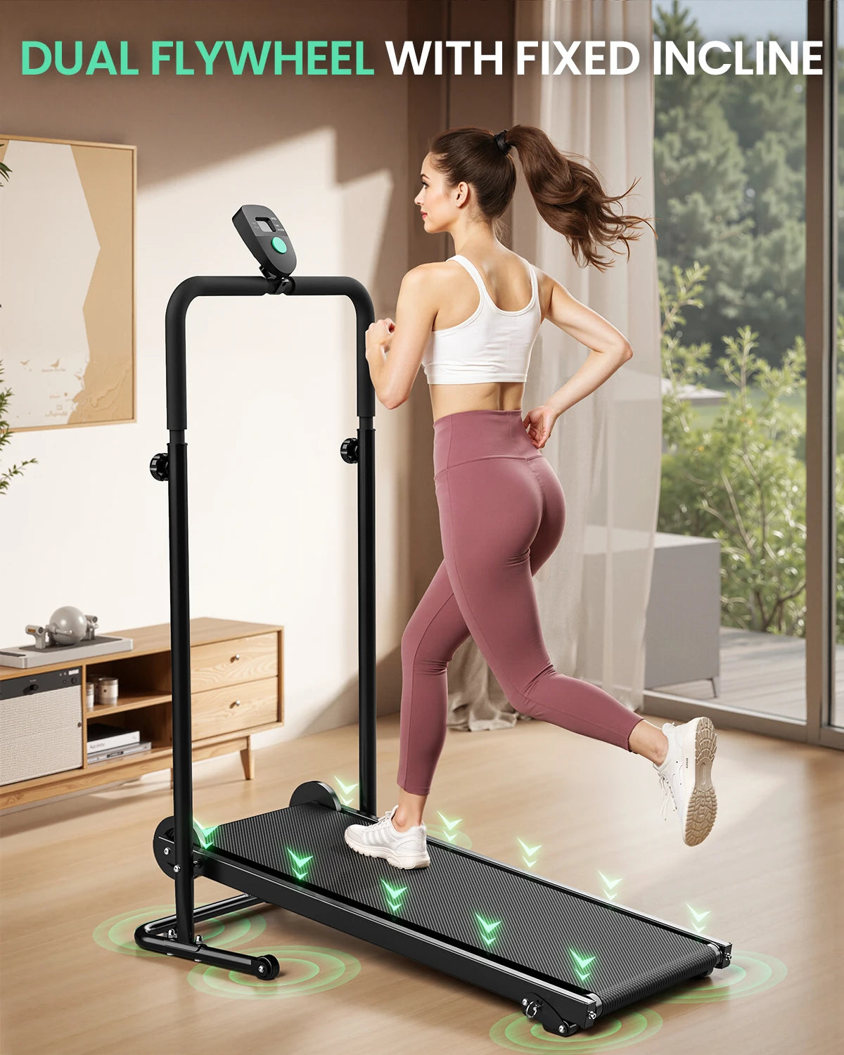 AKLUER Motorless Treadmill With Dual Flywheels Fixed Incline And LCD Monitor For Home Gym