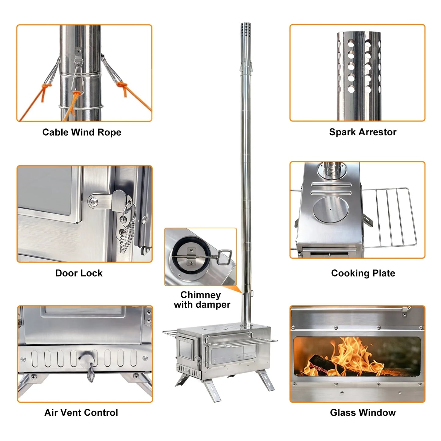 Portable Camping Wood Stove Stainless Steel Outdoor Heating For Campers 7 Pipes
