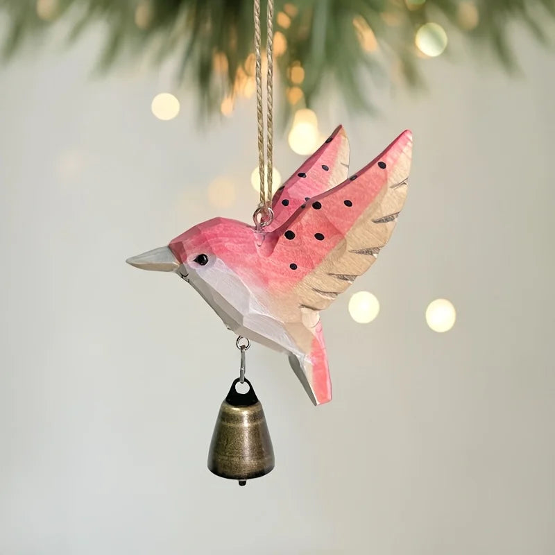 Hand Carved Solid Wood Hummingbird Wind Chime Pendant For Nature Lovers