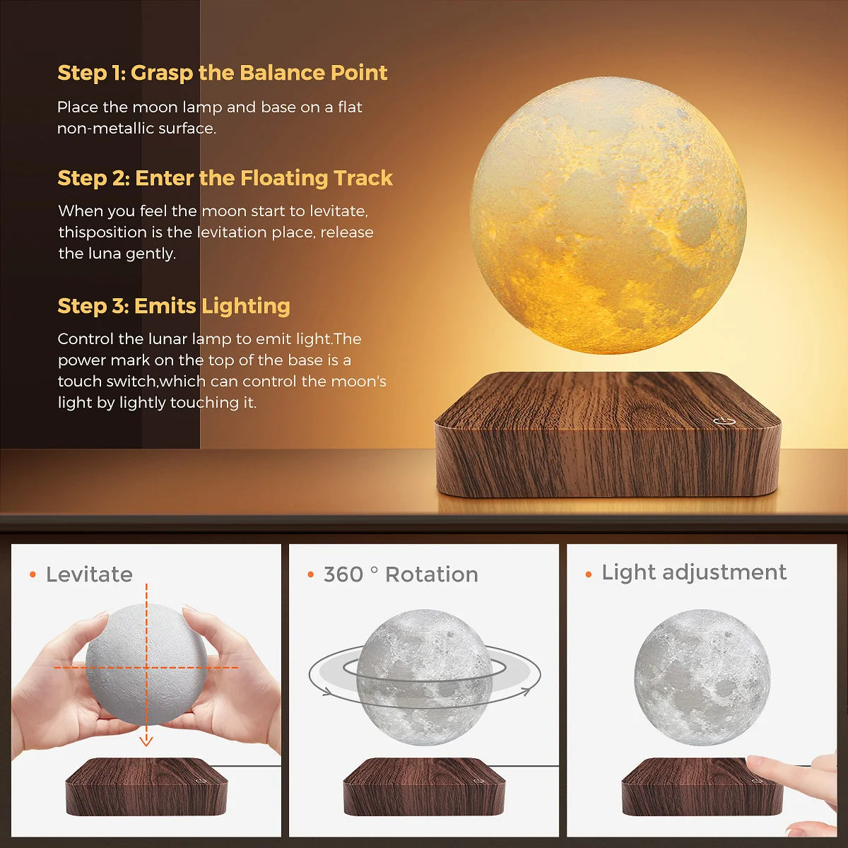 Mexllex Magnetic Floating Moon Lamp 3 Color Temp Gift