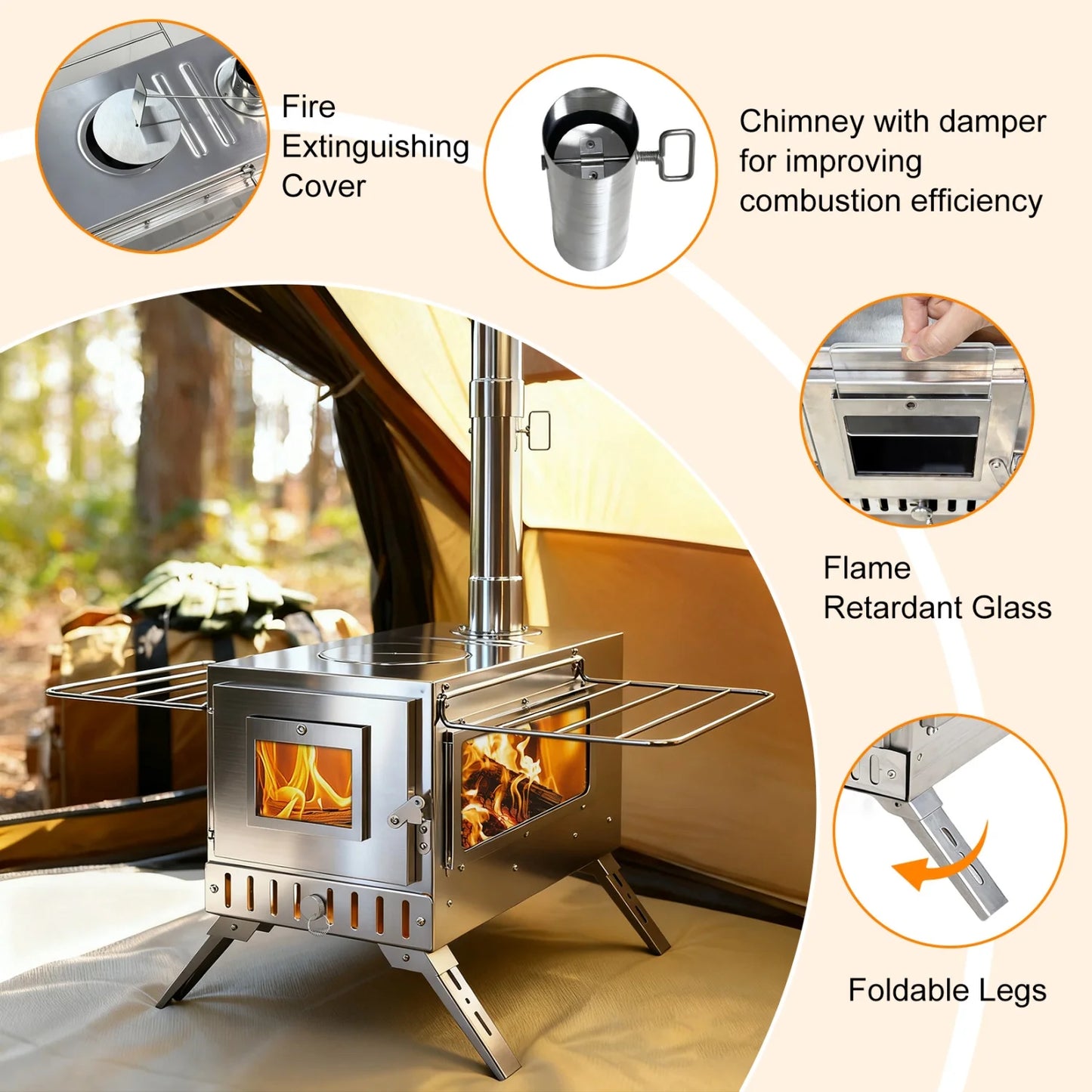 Portable Camping Wood Stove Stainless Steel Outdoor Heating For Campers 7 Pipes