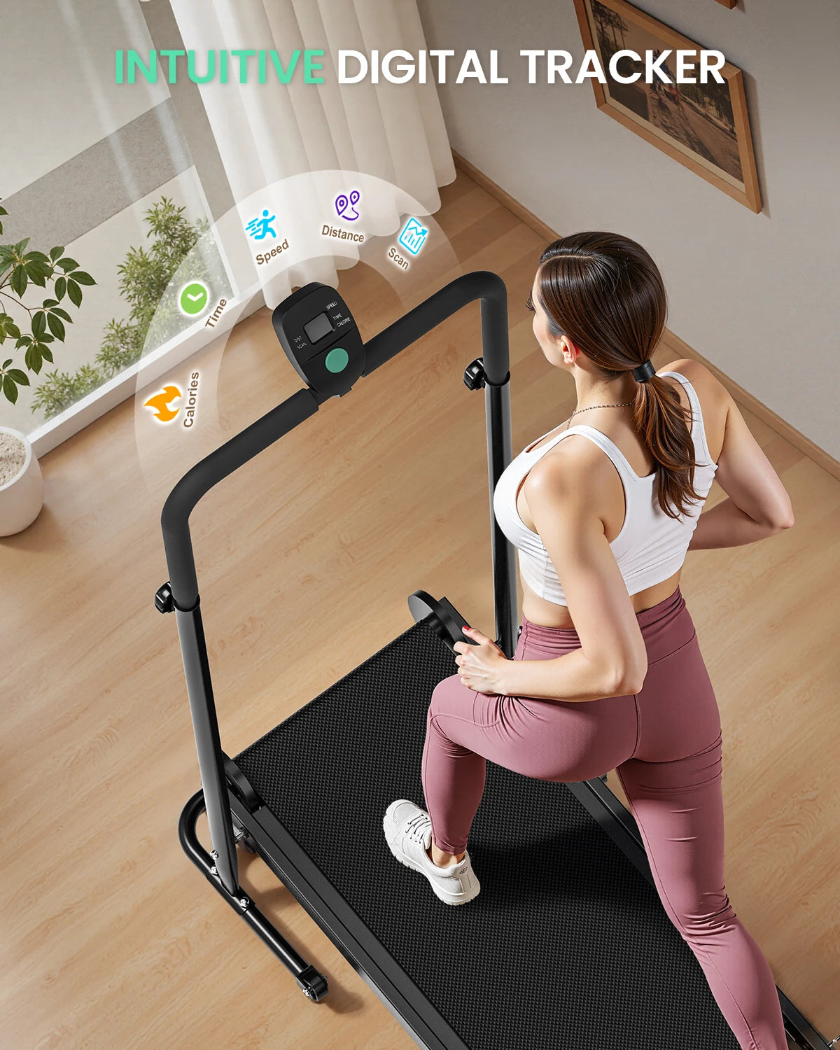 AKLUER Motorless Treadmill With Dual Flywheels Fixed Incline And LCD Monitor For Home Gym