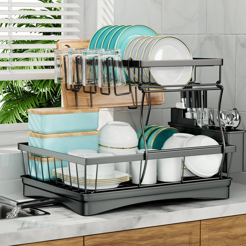 Dish Drying Rack Two Tier Removable Large Capacity For Home Kitchens