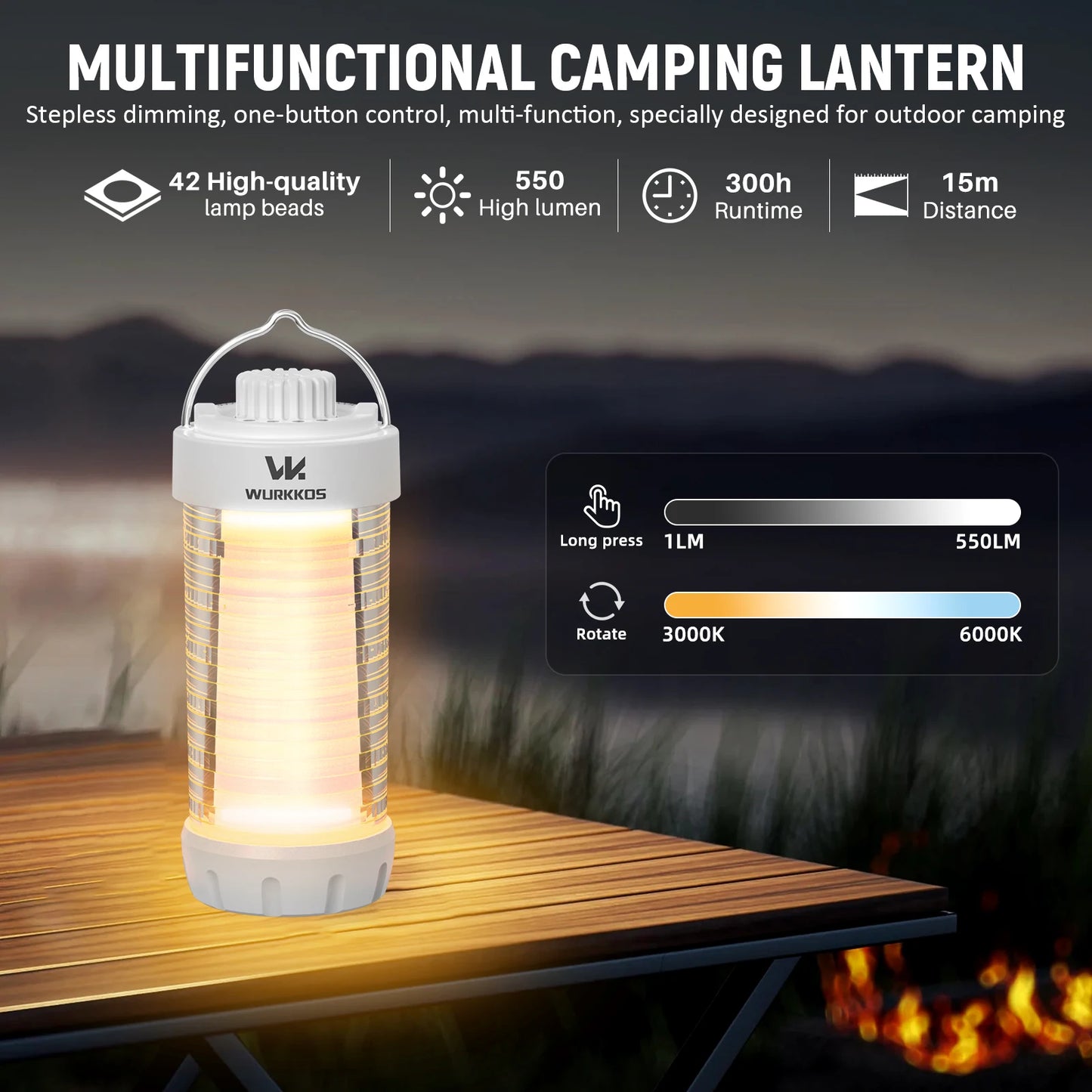 Wurkkos CL01 LED Camping Lantern 550LM Rechargeable Waterproof RGB For Campers