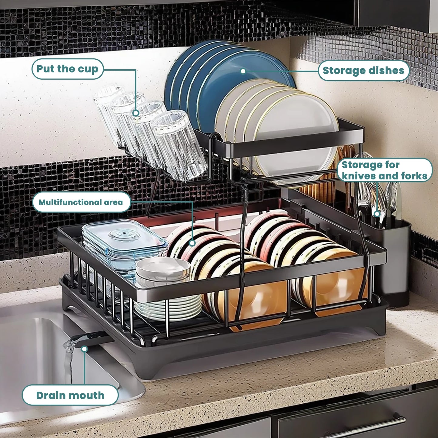Dish Drying Rack Two Tier Removable Large Capacity For Home Kitchens